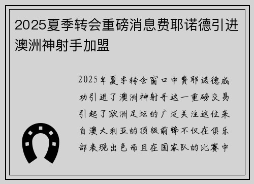 2025夏季转会重磅消息费耶诺德引进澳洲神射手加盟