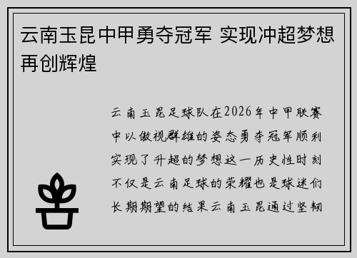 云南玉昆中甲勇夺冠军 实现冲超梦想再创辉煌